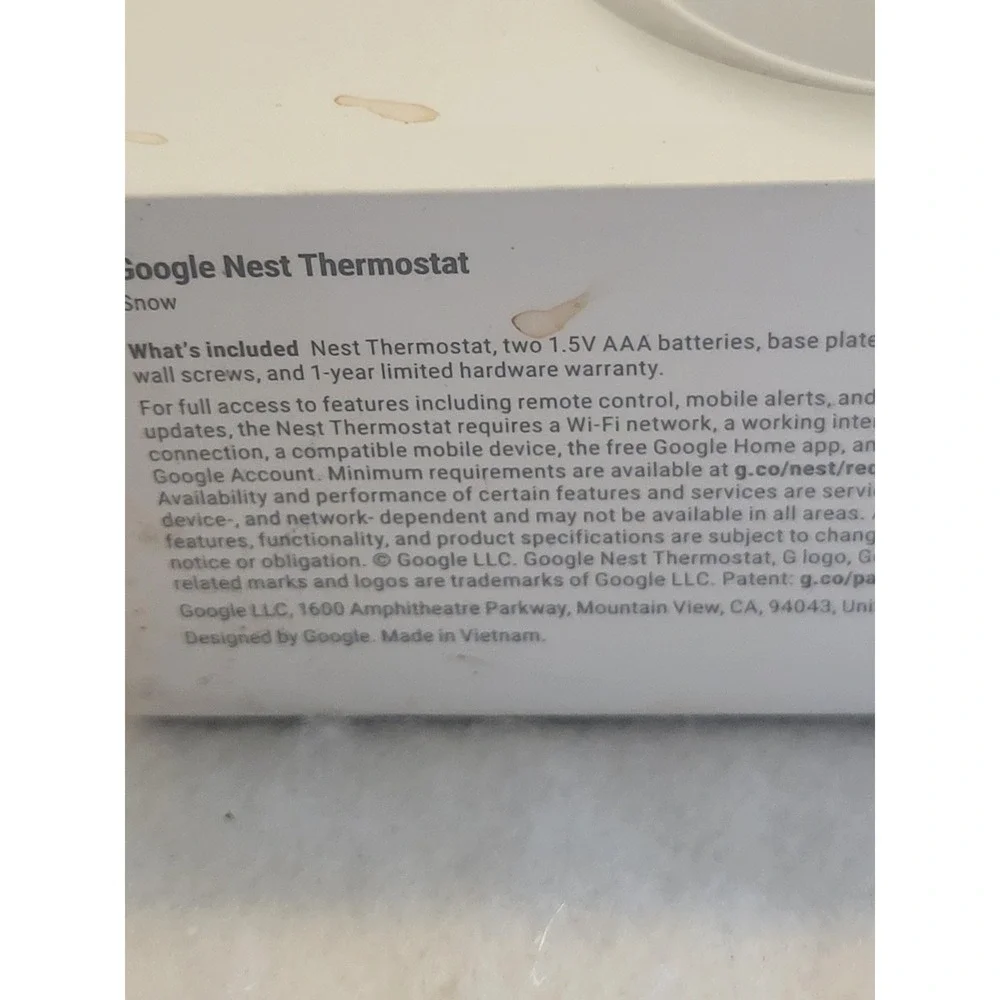 Google Nest Thermostat G4CVZ Snow Smart WiFi Programmable w Base Kit